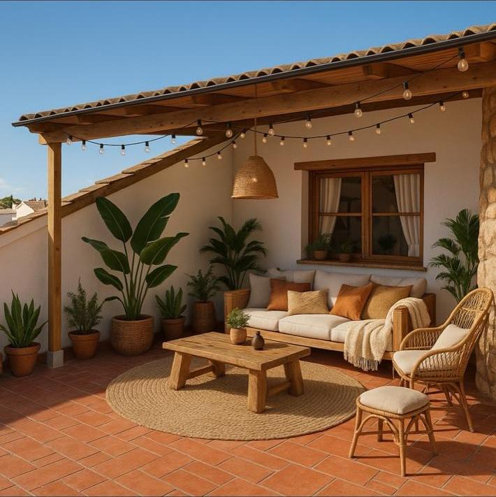 Terraza mediterránea con muebles